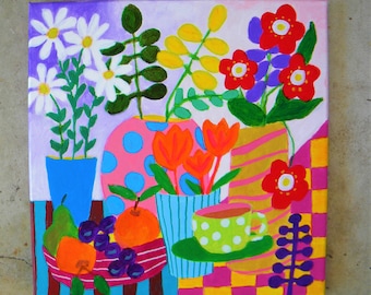 Colorful still life floral acrylic painting - cozy cottage core style art- 12x12"