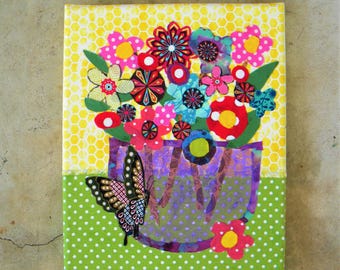 Fabric collage art, flower vase on a table, 8x10"