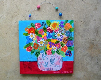 Colorful flower painting on a wood panel