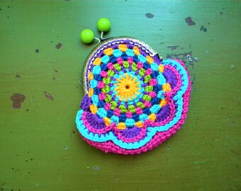 Handmade colorful crochet coin purse, boho chic style