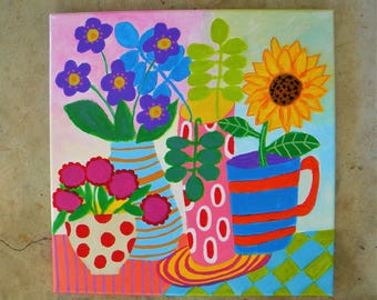 Still life painting | colorful floral in a vase | whimsical pop art | 12x12"