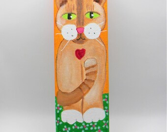 Whimsical Cat Painting: Original Acrylic Art (9x3x.50")