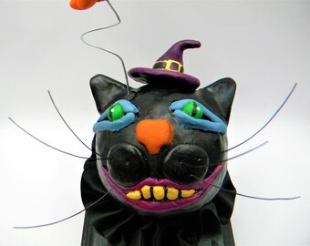 Black Cat Figurine - Hand-Painted Epoxy Clay Halloween Decor, Whimsical Spooky Kitten Shelf Sitter Art