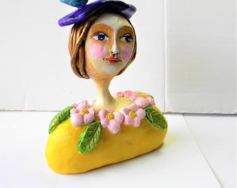 Whimsical clay figure chic vintage lady