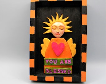 Handmade colorful polymer clay art angel wall shrine- You Are Blessed- 6x4"