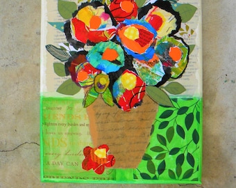 Abstract floral art, torn paper collage on painted canvas 8x10"