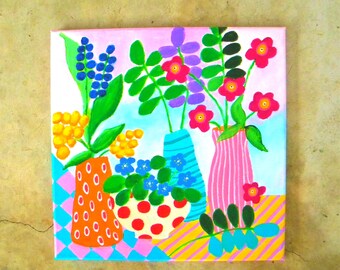 Colorful still-life flower painting | cozy cottage core art | 12x12"