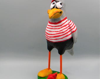 Caricature seagull clay sculpture, funny bird original art