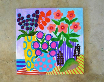 Colorful still-life flower painting in cozy cottage core art