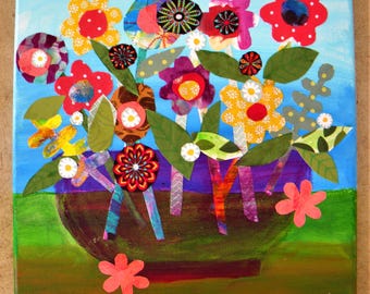 Flower bouquet in a vase, colorful mixed media art painting, 10x10"