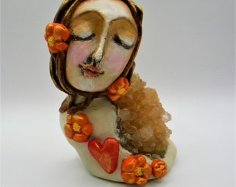 Handmade Clay Goddess Sculpture on Raw Citrine Cluster | Altar Decor, Meditation Tool