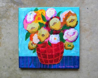 Colorful flower bouquet in a vase, original art painting