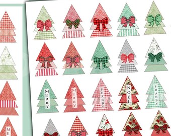 Vintage Christmas Trees & Words, Junk Journal Embellishment, Plaid Tree Clipart, Fussy Cut Holiday Collage Cluster December Quotes Labels