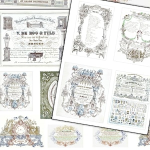 May include: A collection of vintage-style paper ephemera sheets titled Fancy Ephemera Kit, featuring various rectangular labels, ornate frames, and detailed illustrations in muted tones of blue, green, brown, and gold with decorative typography.