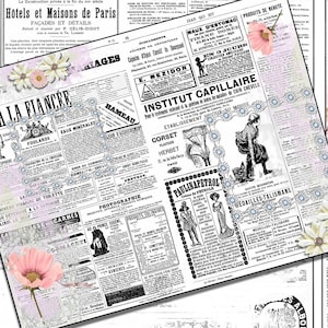 Colagem francesa vintage, papel de jornal, jornal, anúncio de script francês para impressão, antiguidade, tipografia efêmera 1800 Inksaver rosa