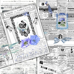 Papel de diario vintage de estilo francés azul, 5 páginas de diario basura, imprimible, papel de collage con escritura vintage, páginas plegables de tipografía efímera