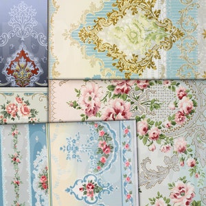 5 Victorian Blues Wallpaper, Junk Journal Papier Hintergründe, Vintage Tapete Verziert, Antike Landschaft ganzseitig Digital Printable Regency