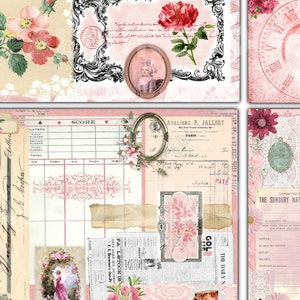 4 fogli di collage rosa, pagine di diario vintage effimere, carta per album di ritagli di design, paesaggio, pagine di strappo stampabili piegate a metà