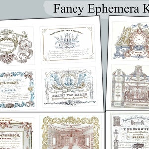 Vacker vintage Ephemera 1800 antik utsmyckad skräpjournal, annonsannons vacker Ephemera blå fantasi