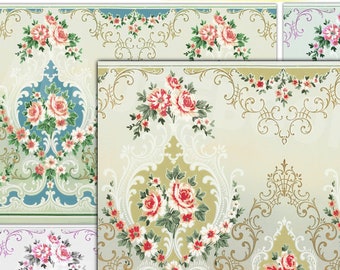 French Theme Vintage Wallpaper: Junk Journal Paper, Antique France Background, Floral Ornate Pattern Regency Victorian Foldable Ephemera