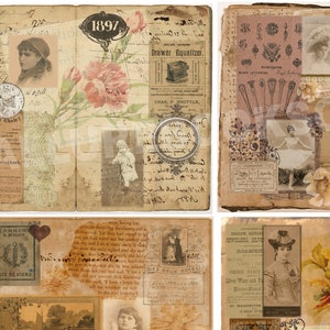 Kit de Papel Vintage Grunge com 4 Páginas: Recortes para Scrapbook e Colagem (Download Digital) Páginas Imprimíveis para Diário de Arte com Estilo Antigo e Despojado