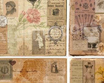 4-Pages Vintage Grunge Ephemera Paper Kit: Scrapbook Collage Tear Sheets (Digital Download) Printable Junk Journal Pages Antique Grungy