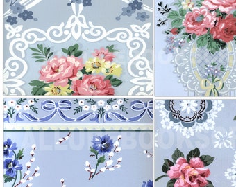 Vintage Blue Wallpaper Junk Journal Pages, Antique Regency Wallpapers Blue Ephemera Paper Digital Printable, Regency 1800 Floral Flowers