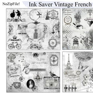 Ink Saver - Páginas de diario vintage francés - 4 diseños en blanco y negro, papel imprimible digital efímero, papel horizontal, París, Francia