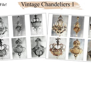 Vintage Chandeliers 1, Black & White or Colored, Antique Lights, Junk Journal Ephemera Ornate Picture Victorian Image Printable Digital image 2