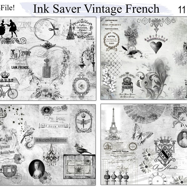 Ink Saver- Vintage French Junk Journal Pages-4 Designs Black And White Digital Ephemera Printable Landscape Paper, Paris French France Paper