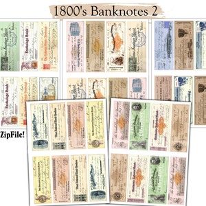 May include: A digital collage sheet of vintage banknote designs from the 1800s. The sheet features 24 different designs, each with unique details and typography. The designs are in various colors, including blue, green, red, and yellow.