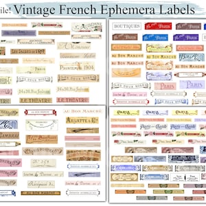 135+ Vintage französische Wort Ephemera Etiketten, Vintage Briefkopf Schrift Skript, bedruckbar Digital, Junk Journal Verzierung, Collage, Clusters