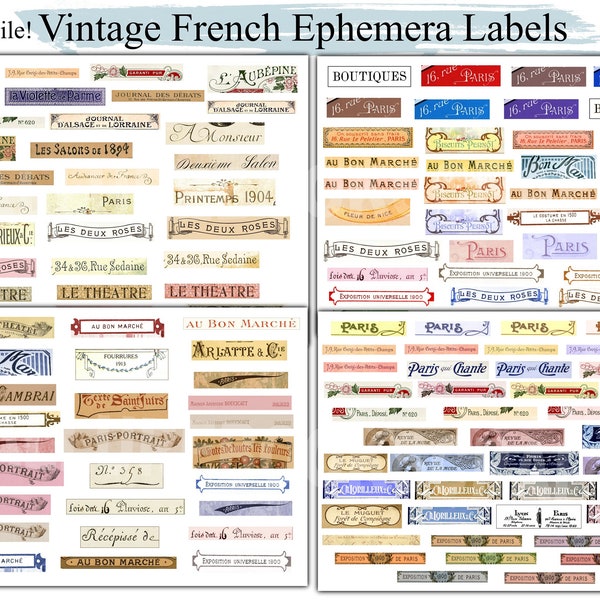 135+ Vintage French Word Ephemera Labels, Vintage Letterhead Font Script, Printable Digital, Junk Journal Embellishment, Collage, Clusters