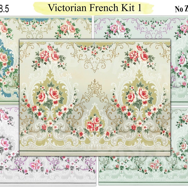 VIctorian French Wallpaper Kit 1, Vintage Wallpaper Junk Journal, Antique Wallpapers, Floral Printable Wallpaper, Digital Wallpaper