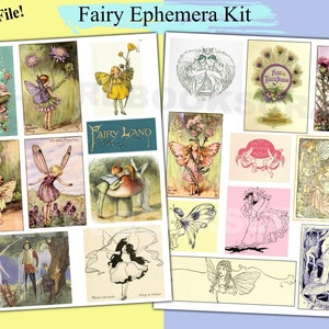 May include: A digital printable ephemera kit featuring vintage illustrations of fairies, butterflies, and flowers. The kit includes images with text such as "Fairy Land" and "The Wild Thorn Fairy".