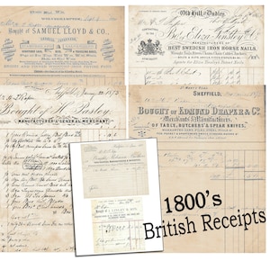 Ricevute britanniche vintage del 1800, carta intestata, carattere vintage, abbellimento del giornale spazzatura, carta retrò stampabile, effimero, scrittura vintage