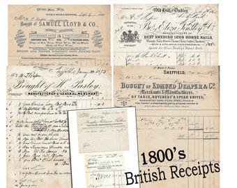 1800’s Vintage British Receipts, Letterhead, Vintage Font, Junk Journal Embellishment, Printable Retro Paper, Ephemera, Vintage Script
