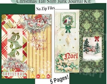 Tall Skinny Christmas Junk Journal Kit, Christmas Ephemera, Slim Junk Journal Page, Scrapbook Paper, Vintage Holiday