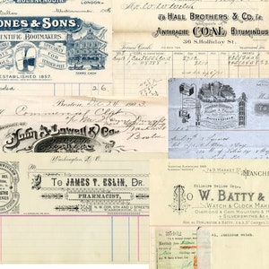 Ricevute d'epoca, libro mastro, carta intestata, carattere d'epoca, abbellimento di diari spazzatura, carta retrò digitale stampabile, effimera, scrittura d'epoca