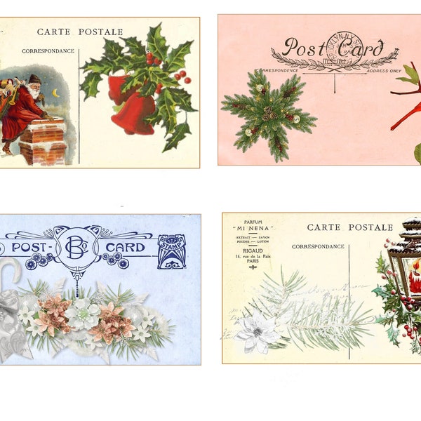Printable Vintage Christmas Postcards Junk Journal Holiday Ephemera Vintage Santa Christmas Bells Wreath
