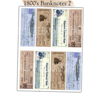 May include: A collage of six vintage bank notes from the 1800s. The notes are in various shades of blue, brown, and beige. Each note features a different bank name and location, including Fultonville National Bank, Johnston Brothers & Co., and Peepsoul National Bank. The notes are printed with intricate details and ornate lettering.