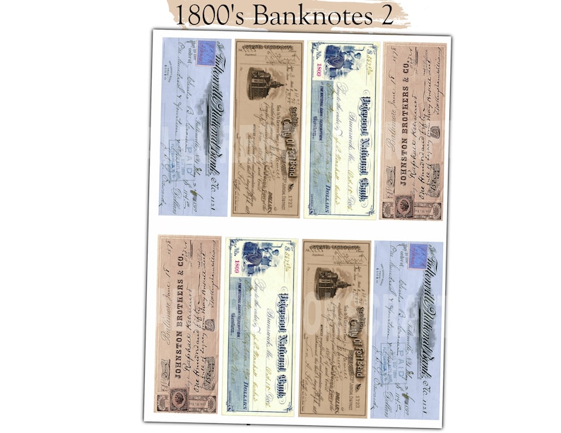 May include: A collage of six vintage bank notes from the 1800s. The notes are in various shades of blue, brown, and beige. Each note features a different bank name and location, including Fultonville National Bank, Johnston Brothers & Co., and Peepsoul National Bank. The notes are printed with intricate details and ornate lettering.