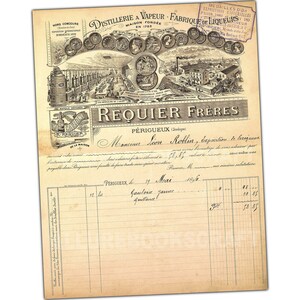 Puede incluir: Un formulario de factura vintage de la destiler&iacute;a Requier Fr&egrave;res en P&eacute;rigueux, Francia. El formulario est&aacute; fechado el 19 de mayo de 1896 y est&aacute; dirigido a Monsieur Leon Roblin, Exportador en Borgo&ntilde;a. El formulario incluye una nota manuscrita y una tabla detallada para registrar pedidos.