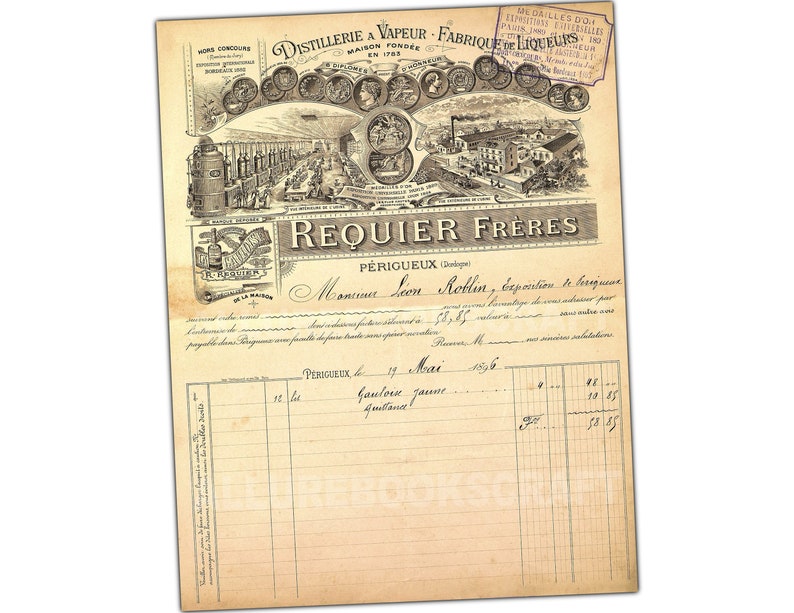 Puede incluir: Un formulario de factura vintage de la destiler&iacute;a Requier Fr&egrave;res en P&eacute;rigueux, Francia. El formulario est&aacute; fechado el 19 de mayo de 1896 y est&aacute; dirigido a Monsieur Leon Roblin, Exportador en Borgo&ntilde;a. El formulario incluye una nota manuscrita y una tabla detallada para registrar pedidos.