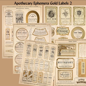 54 Etiquetas - Etiquetas Vintage 1800’s Boticário GOLD #2, Etiqueta Vintage Ephemera Anúncios Scripts Fontes Papel Antigo Digital