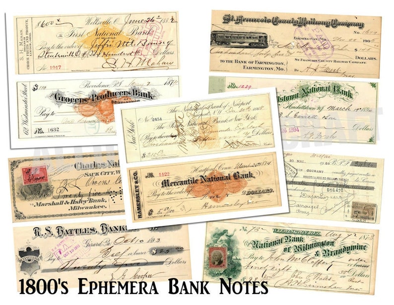 Vintage ephemera script banknotes 1800 junk journal embellishment