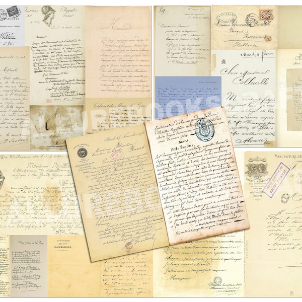 Vintage French Letters Junk Journal Mini Kit, 5 Sheets, No Zip File, Digital Journal Paper, Ephemera 1800's Page