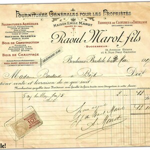 Puede incluir: Una factura antigua de Raoul Marol Fils, proveedor de bienes generales para propietarios en Burdeos, Francia. La factura est&aacute; fechada en mayo de 1917 y menciona a Madame Bastard como cliente. La factura incluye una nota manuscrita y un sello de 10 c&eacute;ntimos.
