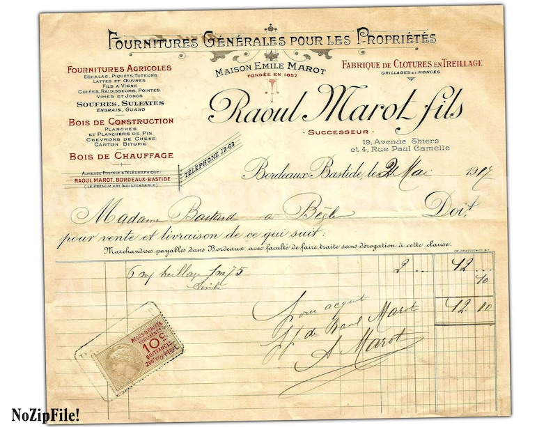 Puede incluir: Una factura antigua de Raoul Marol Fils, proveedor de bienes generales para propietarios en Burdeos, Francia. La factura est&aacute; fechada en mayo de 1917 y menciona a Madame Bastard como cliente. La factura incluye una nota manuscrita y un sello de 10 c&eacute;ntimos.