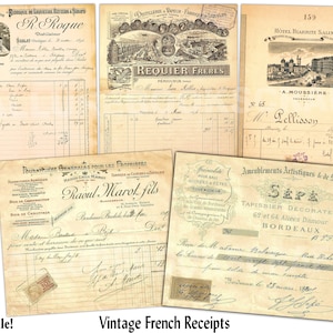 1800's Französische Vintage Quittungen, Briefkopf, Vintage Schrift, Junk Journal Verschönerung, bedruckbares Retro Papier, Ephemera, Vintage Schrift